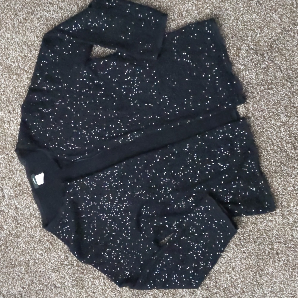 Vtg J. Crew Black Cashmere Blend Sequin Open Front Cardigan, Size XL